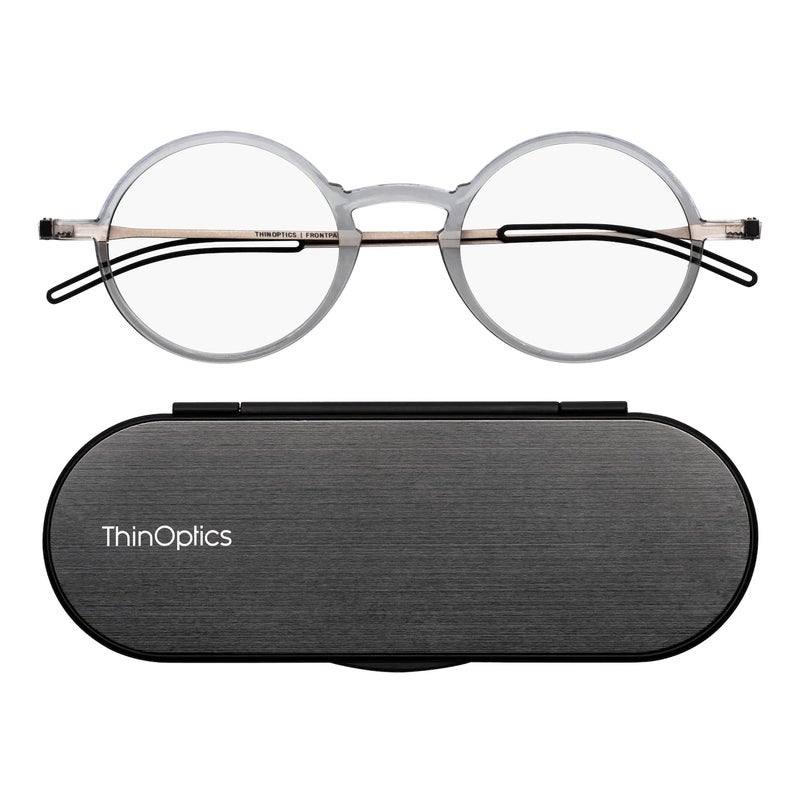 ThinOptics Manhattan Reading Glasses 1.50 Round Clear Frames With Milano Magnetic Case - Thin Lightweight Compact Readers 1.50 Strength